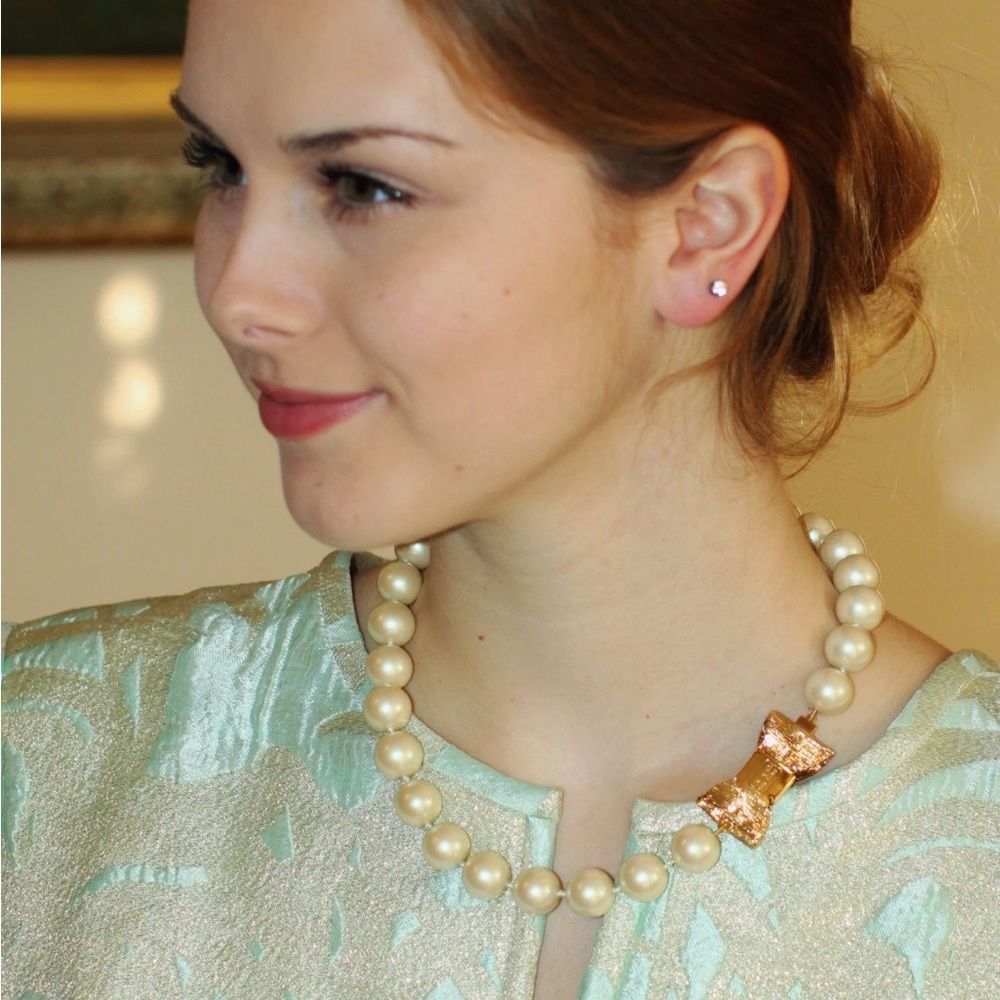 Kate Spade “All Wrapped Up Pearls” Necklace Gold 18" Ribbon Bow BRIDAL w dusty - Picture 12 of 15